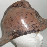 METAL FIREMANS Helmet - leather insert, Badge to front, weathered Patina - Sold for $85 - 2012
