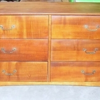 1950's solid TEAK 6 DRAWER DRESSER stretcher base with gold capped legs - Sold for $92 - 2012