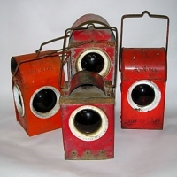 4 x vintage RED WORKMAN'S hand held lamps - some with markings - Sold for $104 - 2012