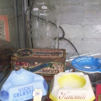 Group lot vintage items inc.  large 'Horlicks Malted Milk Racine Wis USA' glass Jar with raised lettering, old 'Arnotts' tin with paper label + 3 Ad - Sold for $55 - 2012