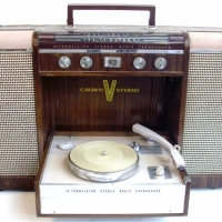4 x pieces of vintage STEREO EQUIPMENT - 'Crown' veneer cased phonograph with fold down turntable, 'Kriesler Powersound' stereo, 'HMV Garard' turntabl - Sold for $256 - 2012