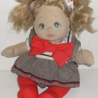 1980's Australian MY CHILD DOLL - short strawberry blonde hair in pigtails, aqua coloured eyes, apricot eye shadow & pink lips - wearing original blac - Sold for $61 - 2012