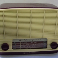 Vintage BAKELITE Healing Golden Voice mantle RADIO - maroon coloured with cream face plate - 21cm H x 27cm W - Sold for $79 - 2012