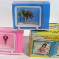 Amazing Boxed pair - Vintage Plastic SNOW DOME Salt & Pepper Shakers - Television shaped w Camel in one & gent w Fez Hat in other, original Box, etc - - Sold for $61 - 2012