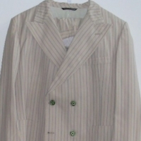 Gents PIERRE CARDIN 2 Piece DOUBLE Breasted Suit - Bone coloured w Purple & Blue Pinstripe - approx size 40 - Sold for $85 - 2012