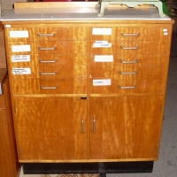 1960's Blondewood Industrial CABINET - Cupboards to lower section w 10 x Shallow Drawers to top section, White glass top - all original Handles, e - Sold for $183 - 2012