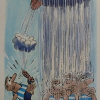 Unframed Original WEG (William Ellis Green) Handpainted design for 1973 SUNICRUST 'Fantastic Footy' Card Series - No 40 BRINGING DOWN RAIN - Signed 'W - Sold for $98 - 2012