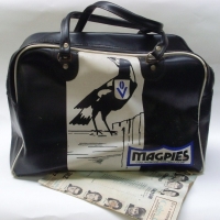2 x items - 1970's VFL Magpies vinyl CarrySports Bag + 1970 footy fixture 'Collingwood & Carlton - Sold for $134 - 2012