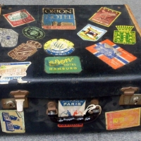 c1930's SUITCASE - hat box shaped with art deco luggage labels - navy vinyl with leather trims - Sold for $61 - 2012