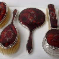 6 piece 1920's Ladies DRESSING TABLE SET incl, brushes, hand mirror & powder bowl TORTISE SHELL with STERLING SILVER mounts & pretty inlaid mot - Sold for $390 - 2012