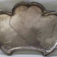 Lovely original c1910/20's Art Nouveau EPNS Tray - stylish shape with handles to both ends - raised grape leaf design, 64cm long - Sold for $281 - 2012
