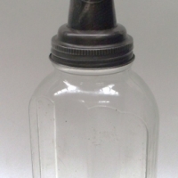 Vintage American glass oil bottle with embossed metal cap - The Master Mfg Co Litchfield, Ill - Sold for $195 - 2012