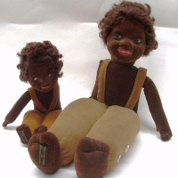 2 x 1930's Norah Wellings black Dolls - 37cms L with glass eyes, moulded features, yellow pants & braces & 22cms L with painted eyes, moulded features - Sold for $67 - 2012