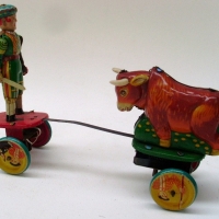 Japanese tin clockwork toy - Bull fighter & bull - gc - Sold for $146 - 2012