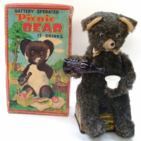 Boxed Alps (Japan) tin battery operated Picnic Bear It drinks toy  - works - Sold for $79 - 2012