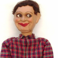 GERRY GEE Jn.r Ventriloquist Doll - wearing red check shirt, beige pants, shoes with green striped socks - good cond - Sold for $317 - 2012