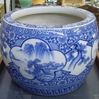 Large Vintage Chinese blue & white water pot decoration includes cameo scenes etc - Sold for $146 - 2012