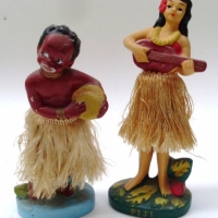 Pair of 1950/60's Kitsch female & male Hula Dancing Souvenir Dolls - made from plaster with spring wobble action to bodies - approx 19cm tall - Sold for $73 - 2012