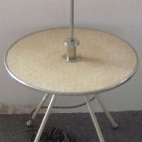 1950/60's retro floor lamp/table combo with yellow polka dot ribbon shade & sputnik style legs with ball feet - Sold for $110 - 2012