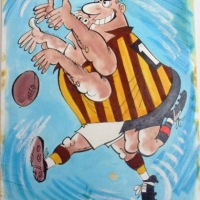 Large unframed Original WEG (William Ellis Green) Hand painted FOOTY PICTURE - Playing It Close To The Man - signed WEG lwr left, Hwritten title verso - Sold for $207 - 2013