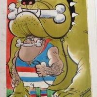 Unframed Original WEG (William Ellis Green) Hand painted Design for 1973 SUNICRUST 'Fantastic Footy Cards' Series - No 8 BULLDOGS - Signed 'WEG', uppe - Sold for $171 - 2013