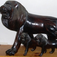 Carved  EBONY LIONS - Set of 3 with very large and heavy male lion figure (90 cm long) and 2 smaller lions - Sold for $342 - 2013