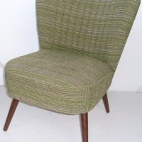 1970's CHAIR - Small, stylish shape w Rounded SHELL back, Green & Grey Upholstery, splayed legs, etc - Sold for $79 - 2013