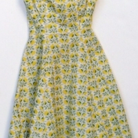 1950's sleeveless summer dress -  embroidered all over  with yellow flowers, green leaves & stems, stiffened skirt - Sold for $61 - 2013