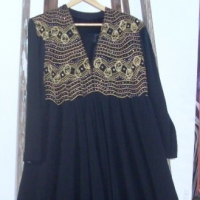 1920's ladies black crepe evening dress with long sleeves - sequins and gold embroidery to top  Good condition - Sold for $73 - 2013