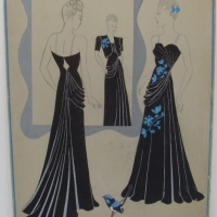 Unframed original costume design hand drawn by CLAIRE LINES featuring classic black evening dress with blue embellishment inspired by the wren  Signed - Sold for $104 - 2013