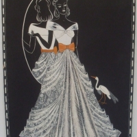 Unframed original costume design hand drawn by CLAIRE LINES featuring full length white gown with orange bow to waist inspired by the stork  Signed an - Sold for $92 - 2013