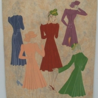 Unframed original costume designs hand drawn by CLAIRE LINES featuring various colourful dresses  Signed and dated 1938 to lower right - Sold for $79 - 2013