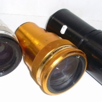 3 x large vintage camera lens - yellow anodised Kowa Anamorphic,  silver Prominar Anamorphic & German made LCD projection lens - Sold for $61 - 2013