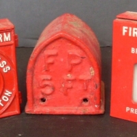 Group lot of items - 2 x red & white wall fire alarm emergency boxes (1 cast iron) & red painted cast iron fire plug dome - Sold for $122 - 2013