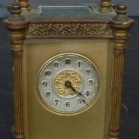 Small Carriage Clock - bevelled glass, filigree panels, key wound - af - Sold for $226 - 2013