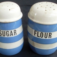 2 x pieces -  TG GREEN Cornishware Kitchen WARE - FLOUR & SUGAR SiftersShakers - both w Screw off lids & Text to front, typical blue & white ba - Sold for $79 - 2013
