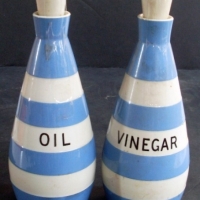 TG GREEN Cornishware Kitchen Ware OIL & VINEGAR Bottles - Typical Blue & White banding w Text to front of each 'OIL' 'VINEGAR' - all ma - Sold for $183 - 2013
