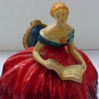 c1930's Plaster Ware figure - Seated Lady in Fab Red Dress Reading - No Marks sighted, in Good Cond - 25cm H - Sold for $61 - 2013