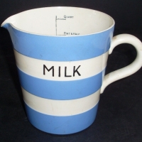 TG GREEN Cornishware Kitchen Ware MILK JUG - Typical Blue & White banding, 'MILK' to front & Quart measurements to inside - 15cm H - Sold for $92 - 2013