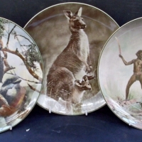 3 x ROYAL DOULTON series ware plates inc 'Young Kookaburras' D6426, 'Aborigines with hunting weapons' D6421, 'Mother Kangaroo with Joey' TC1059 - Sold for $61 - 2013