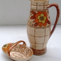 2 x pieces 1930's Charlotte Rhead Bursley Ware, pattern TL3  - tall Jug, 24cms H & oval basket, 15cms wide  - Sold for $165 - 2013