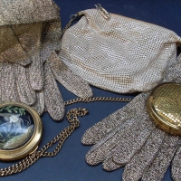 Box lot ladies items incl. Kayser gold Lurex evening gloves, powder compacts, Pondon's Angel Face gilt chain mesh - Sold for $61 - 2013