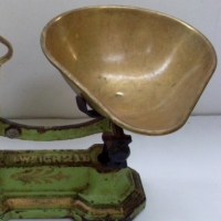 Victorian cast iron  W & T AVERY lolly scales with brass tray & pan and weights painted pale green with gilt highlights - Sold for $122 - 2013