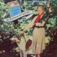 Large 1950's cardboard De Reske advertising sign featuring packet cork tipped cigarettes & woman with Borzoi - 101cms H x 76cms W - Sold for $214 - 2013