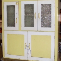 1930s yellow and cream painted glass door kitchen cabinet (95 x 100 cm) - Sold for $85 - 2013