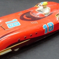 1950's LINEMAR Toys Japanese friction drive Tin Toy RACING CAR - Red w Number 18 to body, original Driver, etc - fantastic cond - 28cm - Sold for $85 - 2013