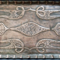 Large Copper embossed ART NOUVEAU Tray - fab design & patina - marked to base ROMOLA - 55cm L - Sold for $55 - 2013