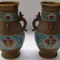 Pair VINTAGE CHINESE Brass vases with CLOISOINNE banding to lower and top with DRAGON handles, 245 cm high - Sold for $98 - 2013