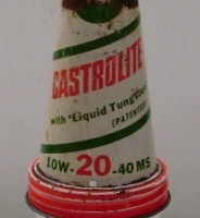 CASTROL 1 pint OIL BOTTLE with metal CASTROLITE pourer, raised text to glass bottle - Sold for $92 - 2013