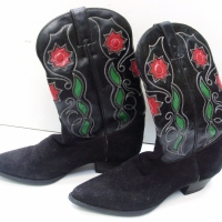 Pair of cowgirl boots 712 D - black suede w raised red and green decoration - Sold for $55 - 2013